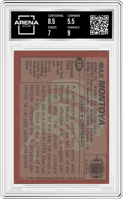Max Montoya from the 1983 Topps set graded by Arena Club and given an overall grade of 6.