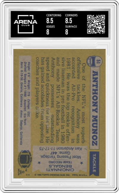 Anthony Munoz from the 1982 Topps set graded by Arena Club and given an overall grade of 8.5.