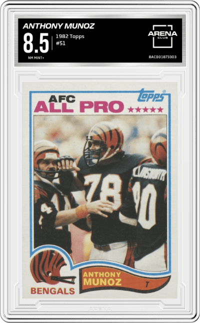 Anthony Munoz from the 1982 Topps set graded by Arena Club and given an overall grade of 8.5.