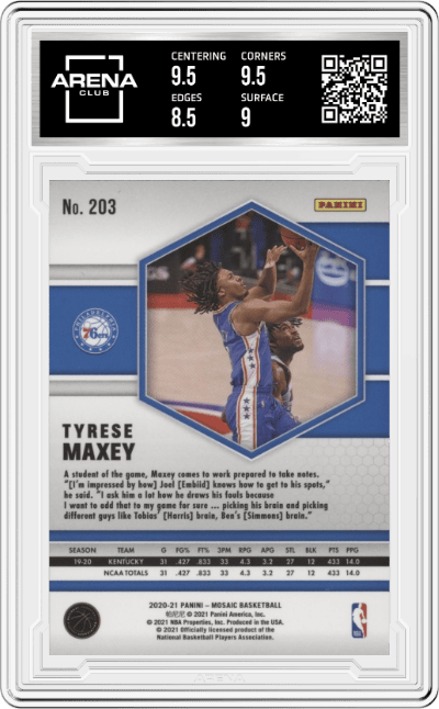 Tyrese Maxey from the 2020-21 Panini Mosaic set graded by Arena Club and given an overall grade of 9.