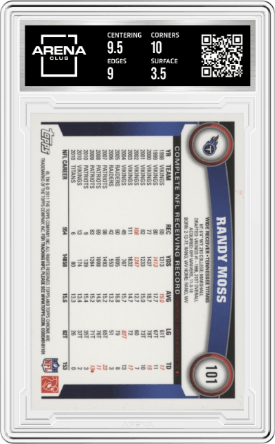 Randy Moss from the 2011 Topps Chrome Football set graded by Arena Club and given an overall grade of 4.