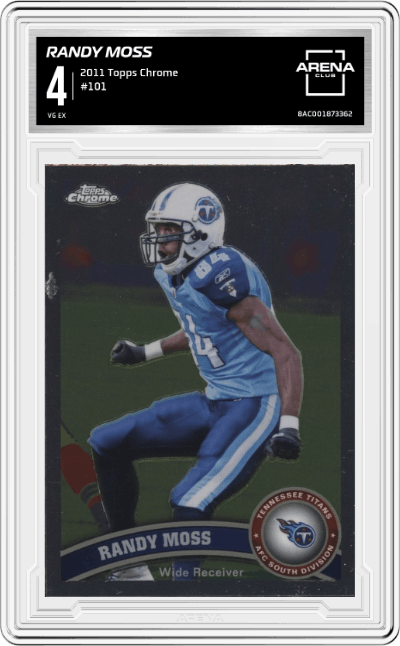 Randy Moss from the 2011 Topps Chrome Football set graded by Arena Club and given an overall grade of 4.