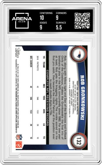 Rob Gronkowski from the 2011 Topps Chrome Football set graded by Arena Club and given an overall grade of 6.