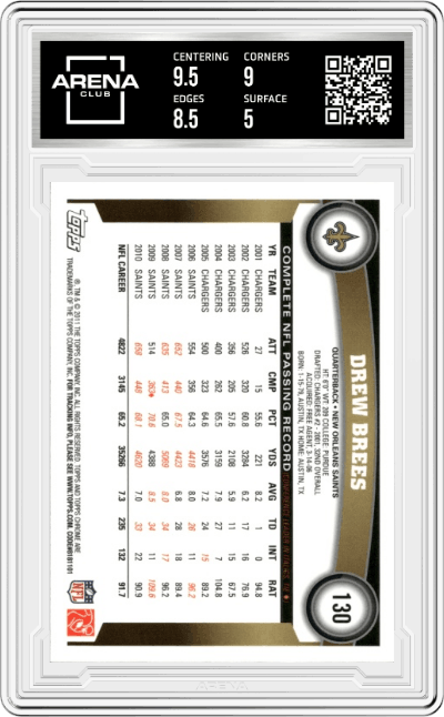Drew Brees from the 2011 Topps Chrome Football set graded by Arena Club and given an overall grade of 5.5.