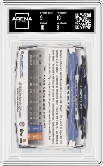 Andrew Luck from the 2014 Topps set graded by Arena Club and given an overall grade of 8.5.