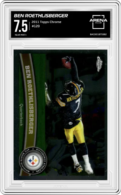 Ben Roethlisberger from the 2011 Topps Chrome Football set graded by Arena Club and given an overall grade of 7.5.