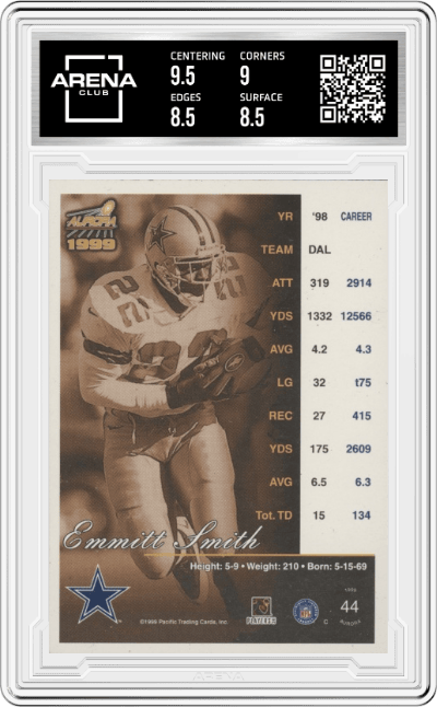 Emmitt Smith from the 1999 Pacific Aurora set graded by Arena Club and given an overall grade of 9.