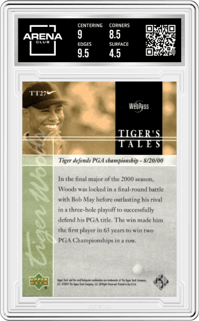 Tiger Woods from the 2001 Upper Deck set graded by Arena Club and given an overall grade of 5.