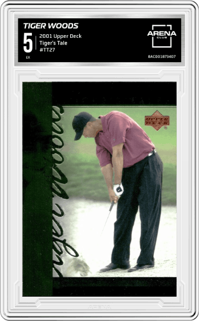 Tiger Woods from the 2001 Upper Deck set graded by Arena Club and given an overall grade of 5.