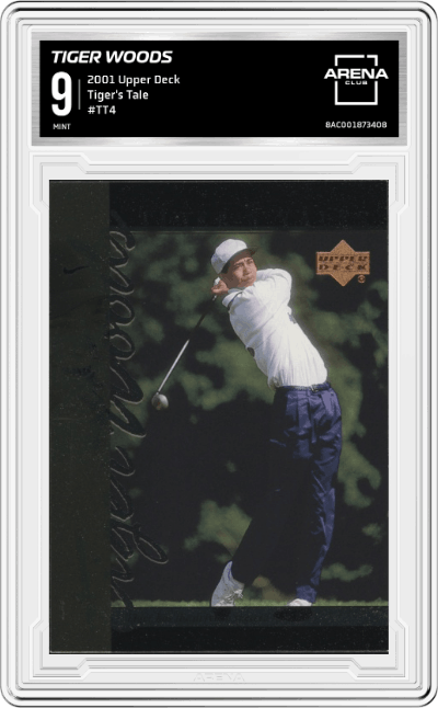 Tiger Woods from the 2001 Upper Deck set graded by Arena Club and given an overall grade of 9.