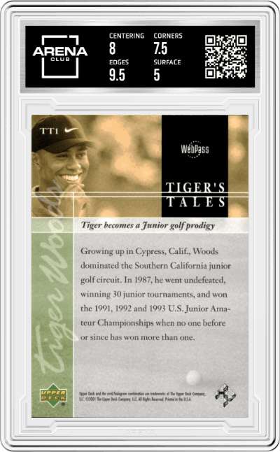 Tiger Woods from the 2001 Upper Deck set graded by Arena Club and given an overall grade of 5.5.