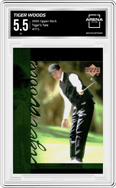Tiger Woods from the 2001 Upper Deck set graded by Arena Club and given an overall grade of 5.5.