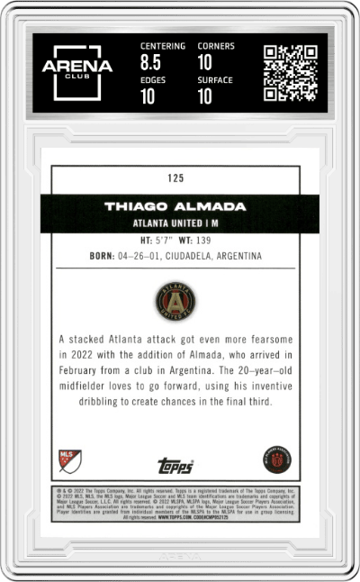 Thiago Almada from the 2022 Topps MLS set graded by Arena Club and given an overall grade of 9.