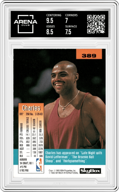 Charles Barkley from the 1992-93 Skybox set graded by Arena Club and given an overall grade of 7.5.