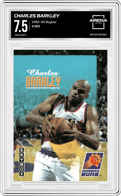 Charles Barkley from the 1992-93 Skybox set graded by Arena Club and given an overall grade of 7.5.