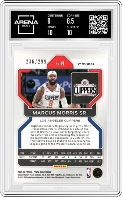 Marcus Morris Sr. from the 2021-22 Panini Prizm  set featuring a Red Prizm parallel graded by Arena Club and given an overall grade of 9.