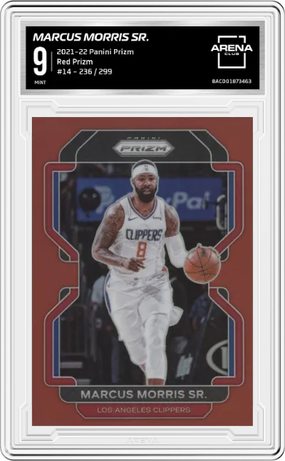 Marcus Morris Sr. from the 2021-22 Panini Prizm  set featuring a Red Prizm parallel graded by Arena Club and given an overall grade of 9.