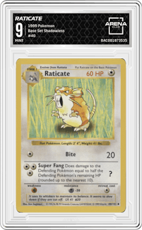 Raticate from the 1999 Pokemon set graded by Arena Club and given an overall grade of 9.