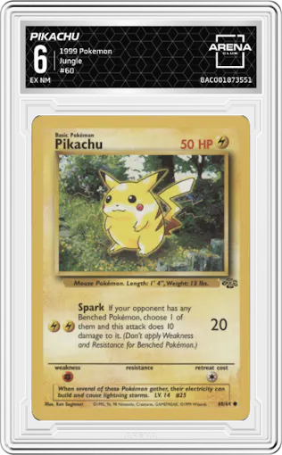 Pikachu from the 1999 Pokemon set graded by Arena Club and given an overall grade of 6.