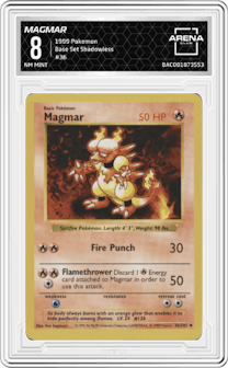 Magmar from the 1999 Pokemon set graded by Arena Club and given an overall grade of 8.