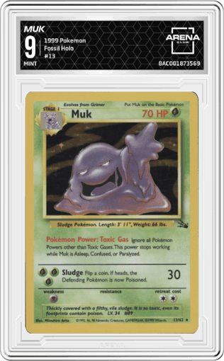 Muk from the 1999 Pokemon set graded by Arena Club and given an overall grade of 9.