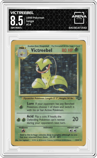 Victreebel from the 1999 Pokemon set graded by Arena Club and given an overall grade of 8.5.