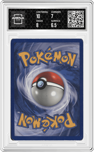 Scyther from the 1999 Pokemon set graded by Arena Club and given an overall grade of 7.