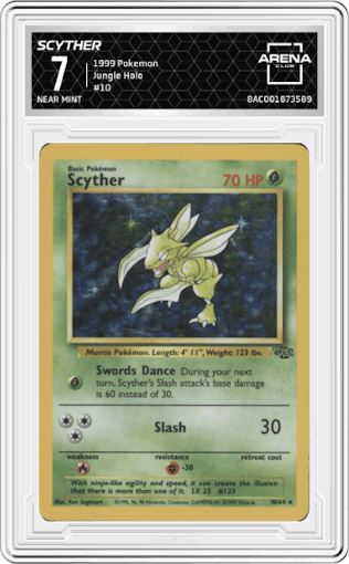 Scyther from the 1999 Pokemon set graded by Arena Club and given an overall grade of 7.