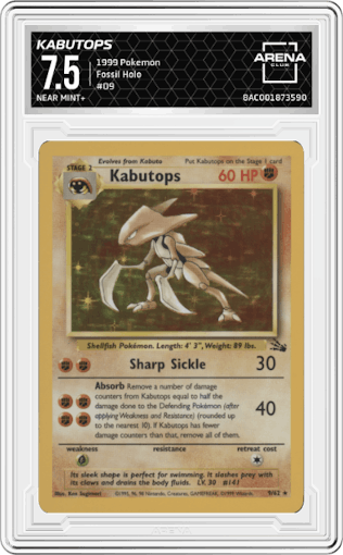 Kabutops from the 1999 Pokemon set graded by Arena Club and given an overall grade of 7.5.