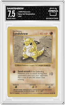 Sandshrew from the 1999 Pokemon set graded by Arena Club and given an overall grade of 7.5.