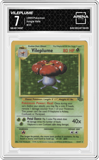 Vileplume from the 1999 Pokemon set graded by Arena Club and given an overall grade of 7.