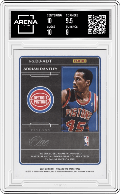Adrian Dantley from the 2021-22 Panini One and One set graded by Arena Club and given an overall grade of 9.5.
