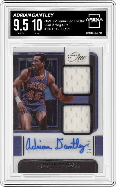 Adrian Dantley from the 2021-22 Panini One and One set graded by Arena Club and given an overall grade of 9.5.
