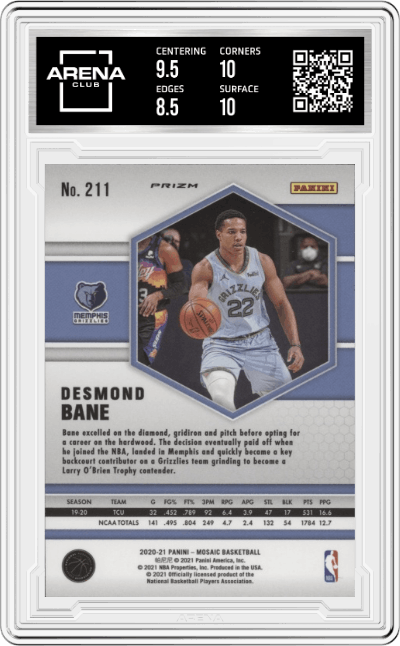 Desmond Bane from the 2020-21 Panini Mosaic set featuring a Reactive Orange parallel graded by Arena Club and given an overall grade of 9.
