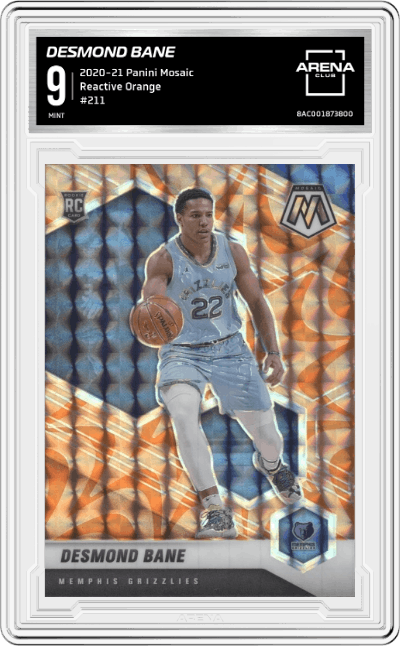 Desmond Bane from the 2020-21 Panini Mosaic set featuring a Reactive Orange parallel graded by Arena Club and given an overall grade of 9.