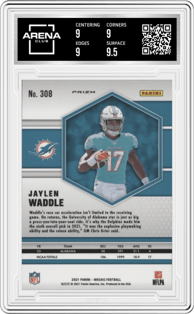 Jaylen Waddle from the 2021 Panini Mosaic set featuring a Pink Camo parallel graded by Arena Club and given an overall grade of 9.