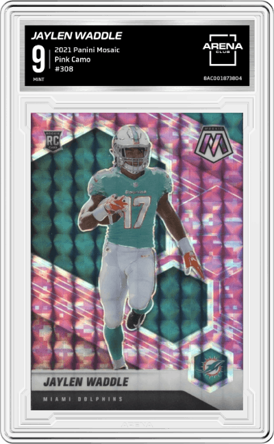 Jaylen Waddle from the 2021 Panini Mosaic set featuring a Pink Camo parallel graded by Arena Club and given an overall grade of 9.