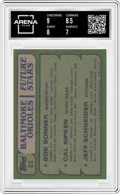 Bob Bonner/Cal Ripken/Jeff Schneider  from the 1982 Topps set graded by Arena Club and given an overall grade of 7.5.