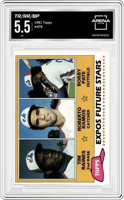 Tim Raines/Roberto Ramos/Bobby Pate from the 1981 Topps set graded by Arena Club and given an overall grade of 5.5.