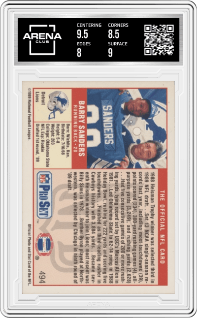 Barry Sanders from the 1989 Pro Set set graded by Arena Club and given an overall grade of 8.5.