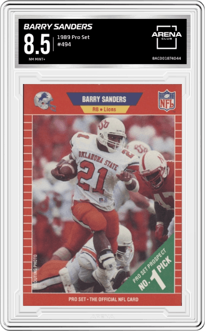 Barry Sanders from the 1989 Pro Set set graded by Arena Club and given an overall grade of 8.5.