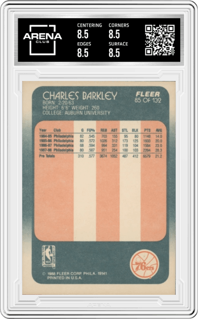 Charles Barkley from the 1988-89 Fleer set graded by Arena Club and given an overall grade of 8.5.