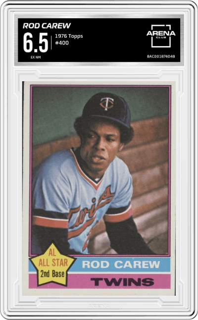 Rod Carew from the 1976 Topps set graded by Arena Club and given an overall grade of 6.5.