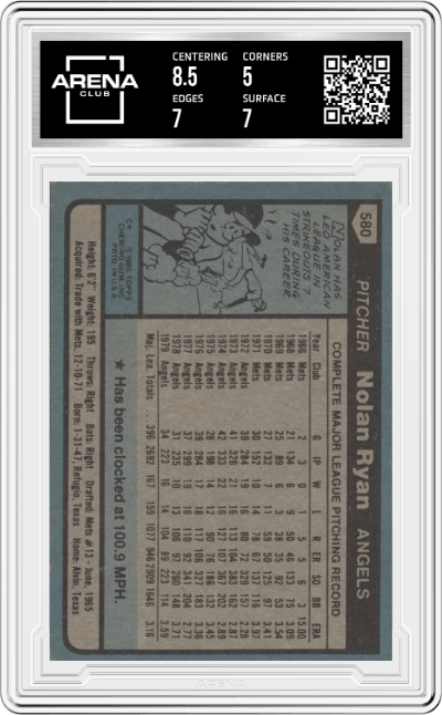 Nolan Ryan from the 1980 Topps set graded by Arena Club and given an overall grade of 5.5.