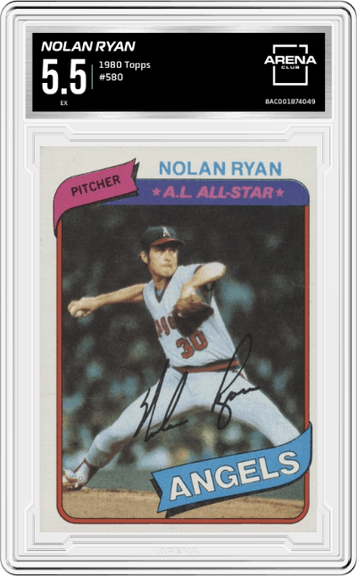 Nolan Ryan from the 1980 Topps set graded by Arena Club and given an overall grade of 5.5.