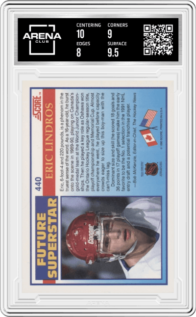 Eric Lindros from the 1990-91 Score set graded by Arena Club and given an overall grade of 8.5.