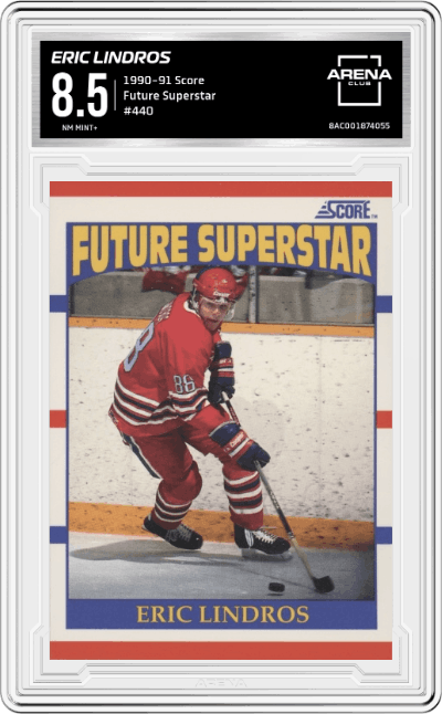 Eric Lindros from the 1990-91 Score set graded by Arena Club and given an overall grade of 8.5.