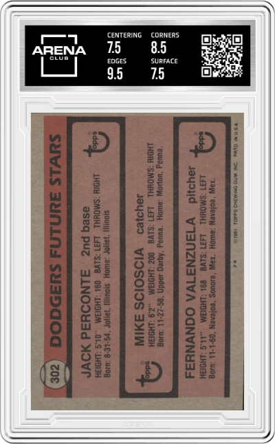 Jack Perconte/ Mike Scioscia/ Fernando Valenzuela from the 1981 Topps set graded by Arena Club and given an overall grade of 8.