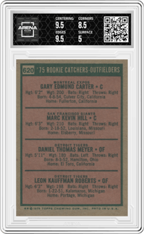 Gary Carter/Marc Hill/Danny Meyer/Leon Roberts from the 1975 Topps set graded by Arena Club and given an overall grade of 5.5.