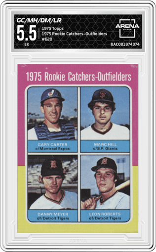 Gary Carter/Marc Hill/Danny Meyer/Leon Roberts from the 1975 Topps set graded by Arena Club and given an overall grade of 5.5.